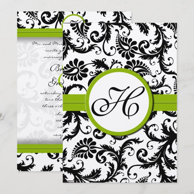 Apple Green Damask Wirbel Hochzeitsfeier Einladung (Vorne/Hinten)
