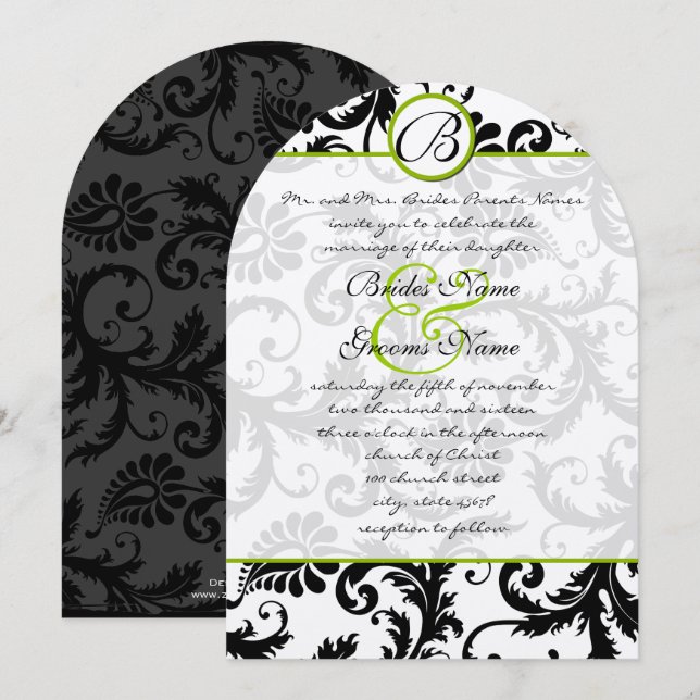 Apple Green Damask Wirbel Hochzeitsfeier Einladung (Vorne/Hinten)