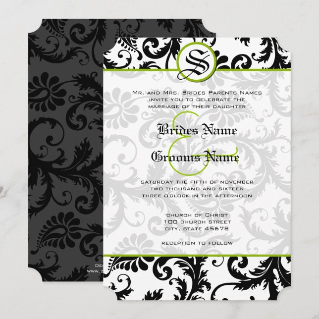 Apple Green Damask Wirbel Hochzeitsfeier Einladung (Vorne/Hinten)