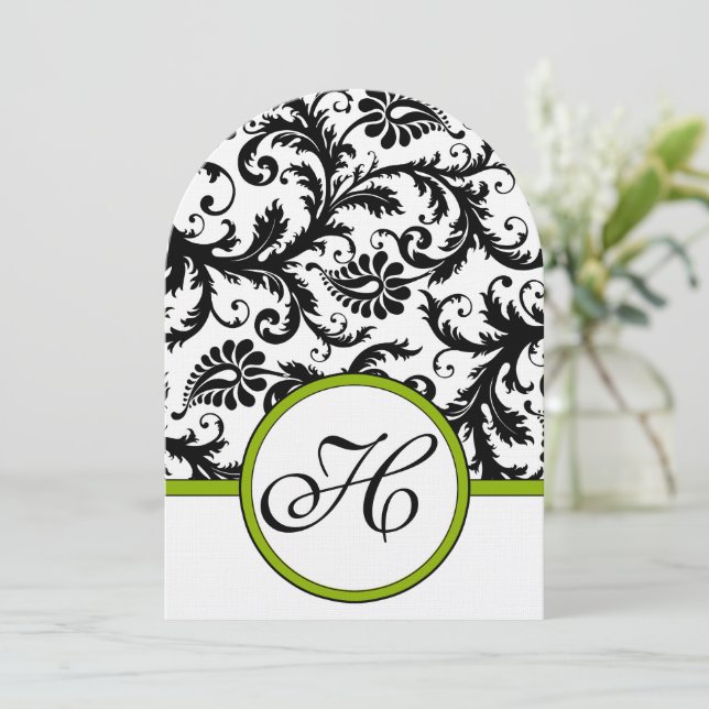 Apple Green Damask Wirbel Hochzeitsfeier Einladung (Stehend Vorderseite)
