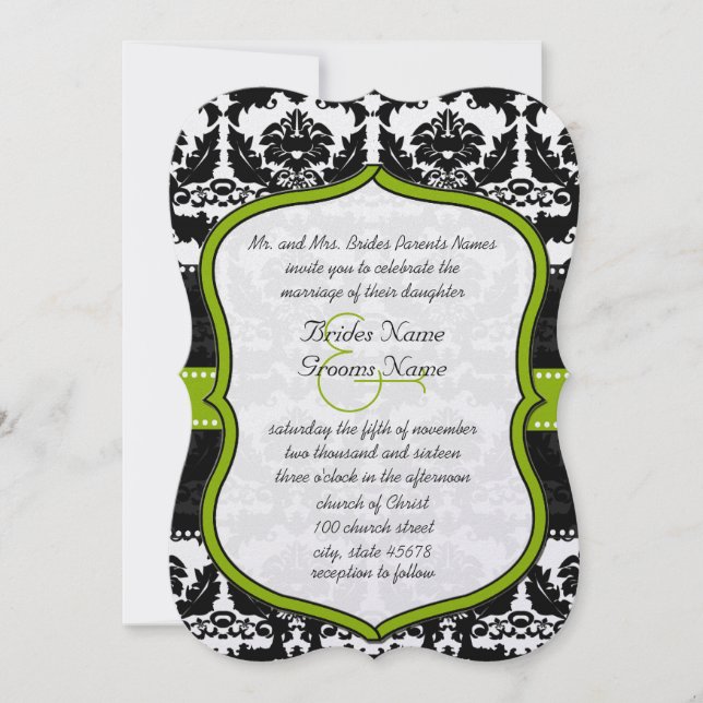 Apple Green Hearts Vintag Damask Wedding Einladung (Vorderseite)