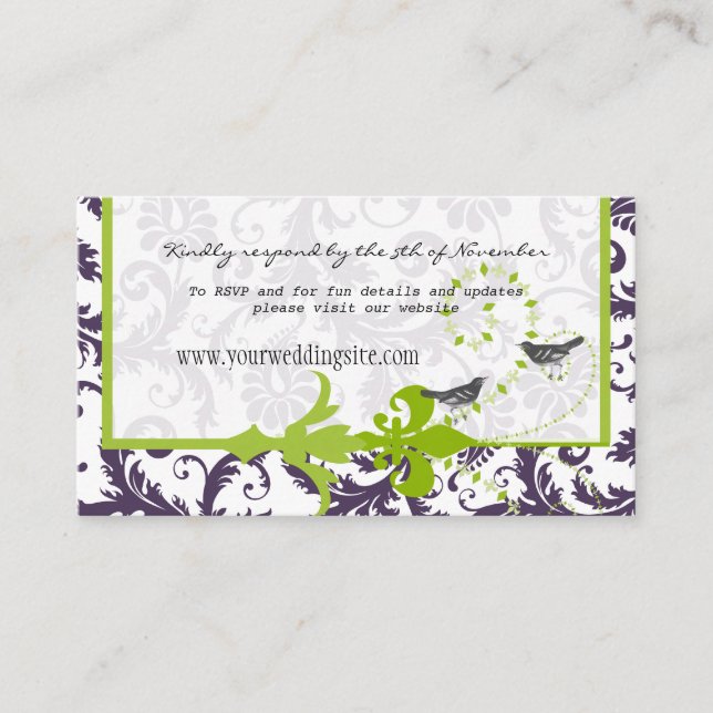 Apple Green Lapis Lila Damask Hochzeitsinformation Begleitkarte (Vorderseite)