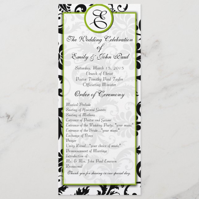 Apple Green Trim Black Damask Wedding Program Programm (Vorderseite)