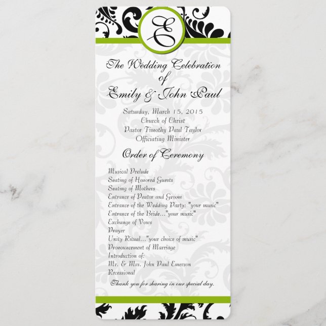 Apple Green Trim Black Damask Wedding Program Programm (Vorderseite)