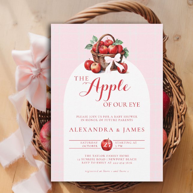 Apple Harvest Bow Couple Dainty Fall Girl Dusche Einladung (fall baby shower invitation apple of our eye girl watercolor rustic elegant coed couple pink bow)