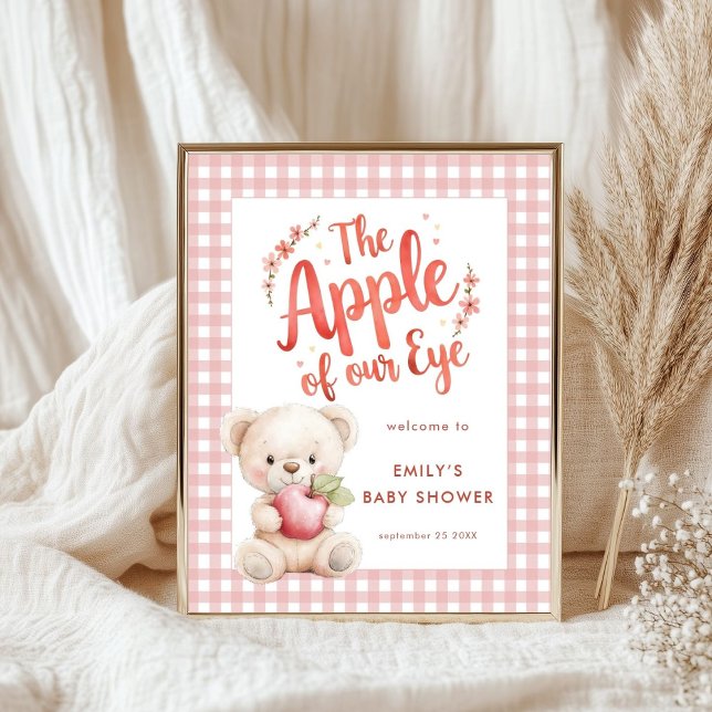 Apple of Eye Bear Pink Gingham Welcome Baby Dusche Poster (Also available digitally)