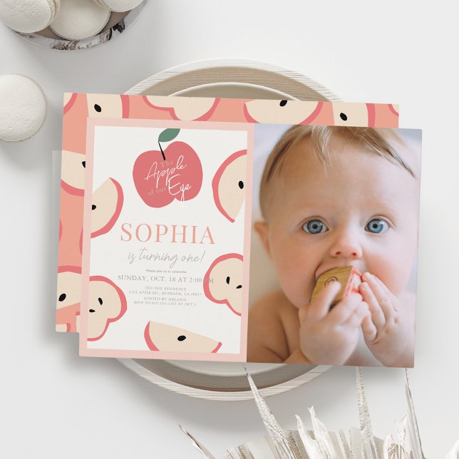 Apple of our Eye Pink Girl 1st Birthday Photo Einladung (Von Creator hochgeladen)