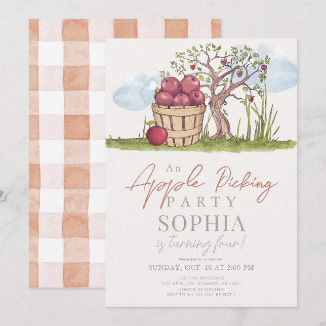 Apple Picking Basket & Apple Tree Geburtstag Einladung (Vorne/Hinten)