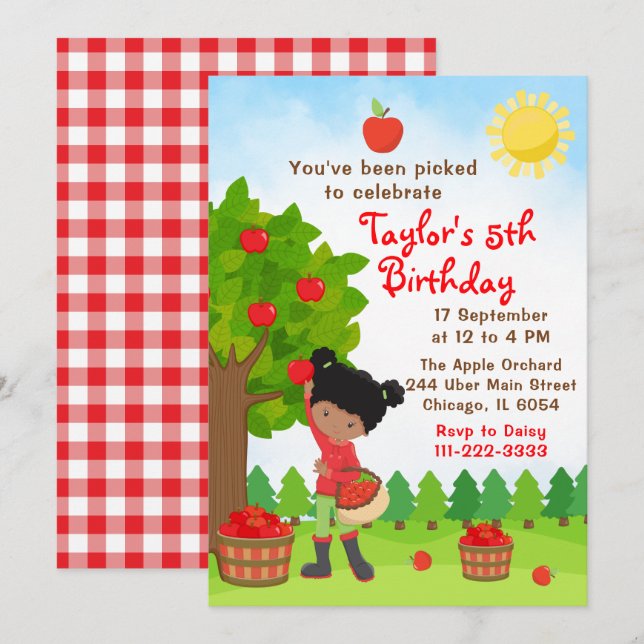 Apple picking Birthday African American Girl Invit Einladung (Vorne/Hinten)
