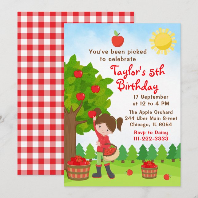 Apple Picking Birthday Brown Hair Girl Einladung (Vorne/Hinten)