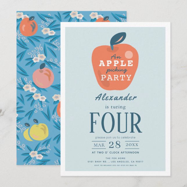 Apple Picking Boy Blue Geburtstag Einladung (Vorne/Hinten)