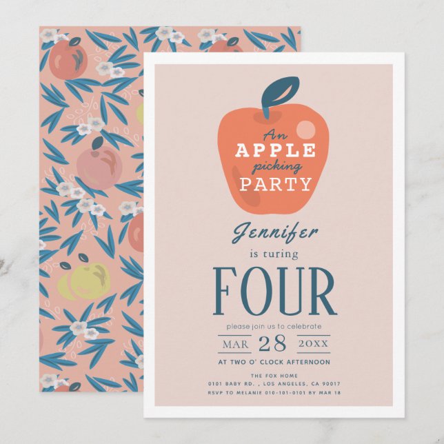 Apple Picking Girl Pink Geburtstag Einladung (Vorne/Hinten)