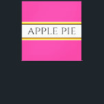 APPLE PIE Spaß Hellrosa Gelbe Streifen Leinwanddruck<br><div class="desc">Dieses lustige Küchendesign zeichnet sich durch APPLE PIE-Text in einem breiten weißen Mittelstreifen aus,  der mit schwarzen,  gelben und orangefarbenen Rennstreifen auf einem hellrosa Hintergrund hervorgehoben ist. Der Text kann personalisiert sein.</div>