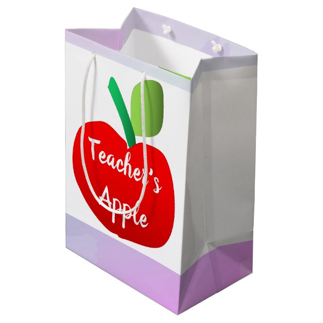 Apple-Rainbow-Streifen der Lehrerin Weißes Geschen Mittlere Geschenktüte (Rückseite Schrägansicht)