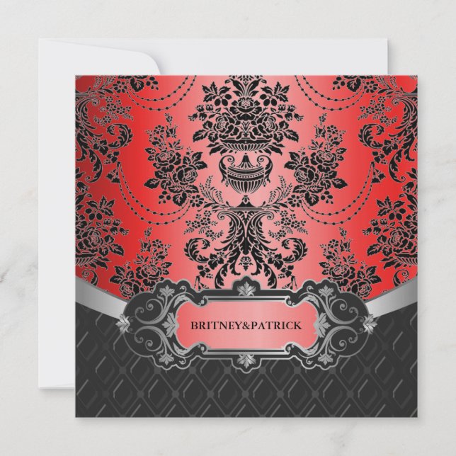 Apple Red & Black Damask Hochzeitsempfang Einladung (Vorderseite)