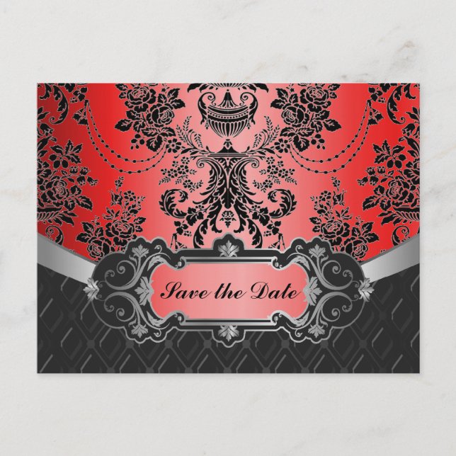 Apple Red & Black Damask Wedding Save the Dates Ankündigungspostkarte (Vorderseite)