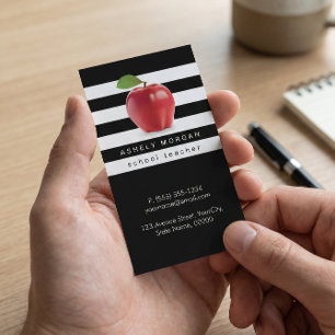 Apple School Teacher Elegante Schwarz-weiße Streif Visitenkarte