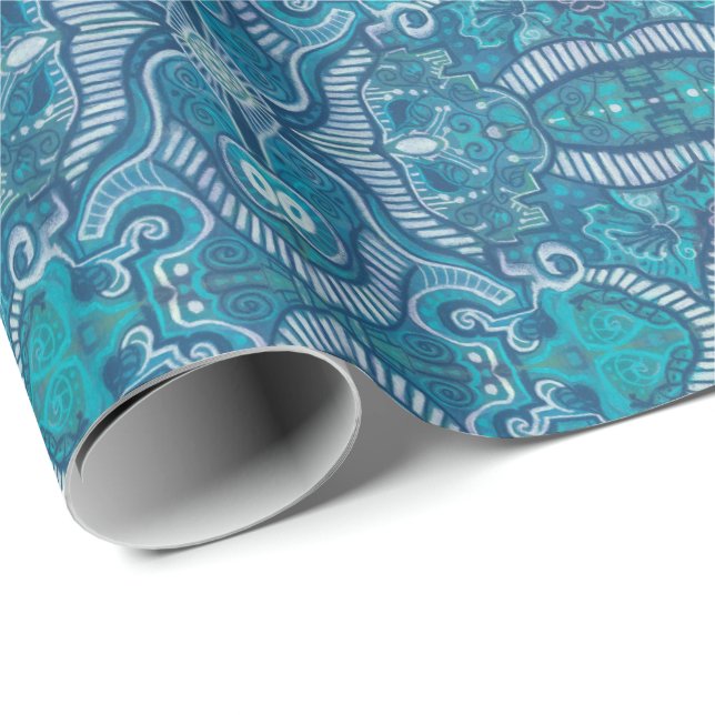 Apple Stripe Bohemisch Arabesque Muster Blau Aquam Geschenkpapier (Rolleneckpunkt)
