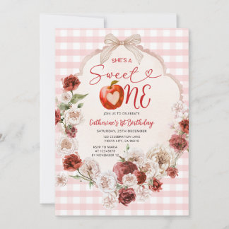 Apple Sweet One Birthday Pink Gingham Fall Floral Einladung