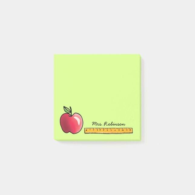 Apple und Ruler Personalisiert Teacher Green 3 x 3 Post-it Klebezettel (Vorderseite)