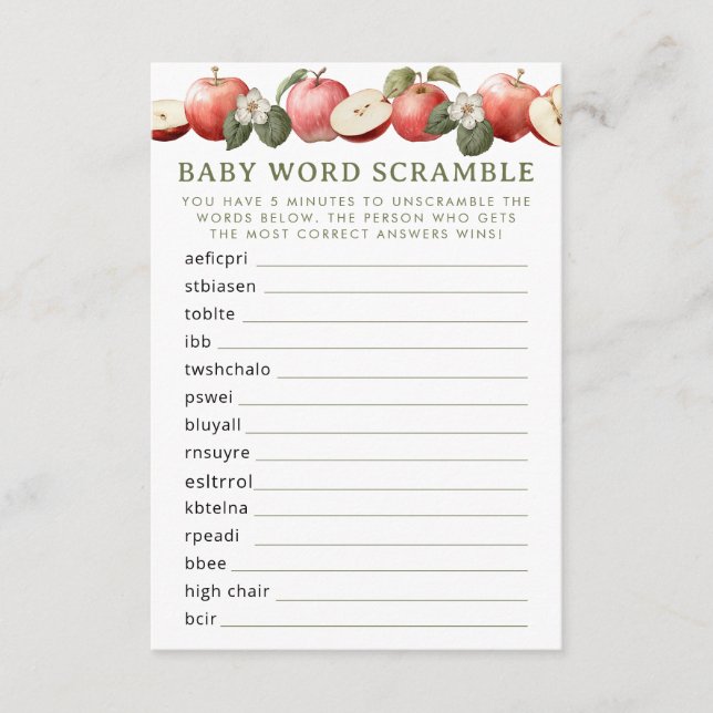 Apple Unser Baby Shower Word Scramble Game Begleitkarte (Vorderseite)