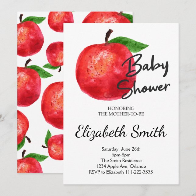 Apple Watercolor Babydusche Einladung (Vorne/Hinten)