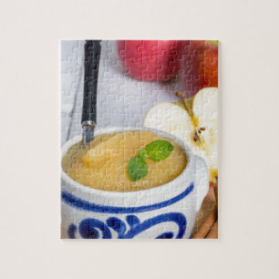 Applesauce with cinnamon in stoneware bowl