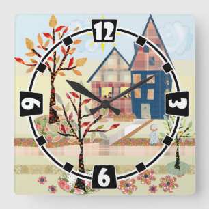 Applikation, Häuser, Dorf Quadratische Wanduhr