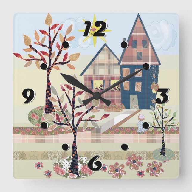 Applique, maisons, horloge murale carré village (Recto)