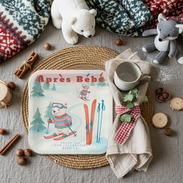 Après Bébé baby ski Polar bear Fox woodland Pappteller (Après Bébé baby ski Polar bear Fox woodland Paper Plates)