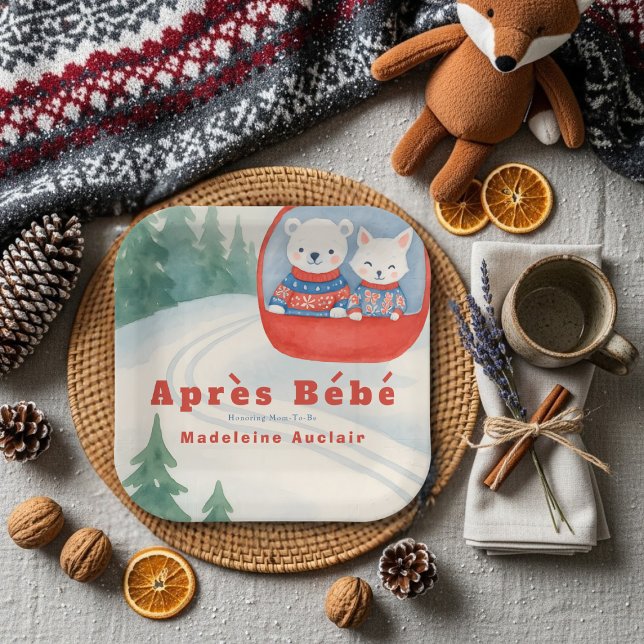 Après Bébé ski woodland animals winter baby shower Pappteller (Après Bébé ski woodland animals winter baby shower Paper Plates)