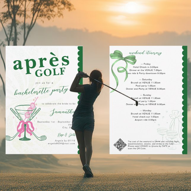 Aprés Golf Martini Coquette Bow Bachelorette Party Einladung (Aprés Golf Martini Coquette Bow Last Swing Golfer Golf Themed Bachelorette Party Invitation)
