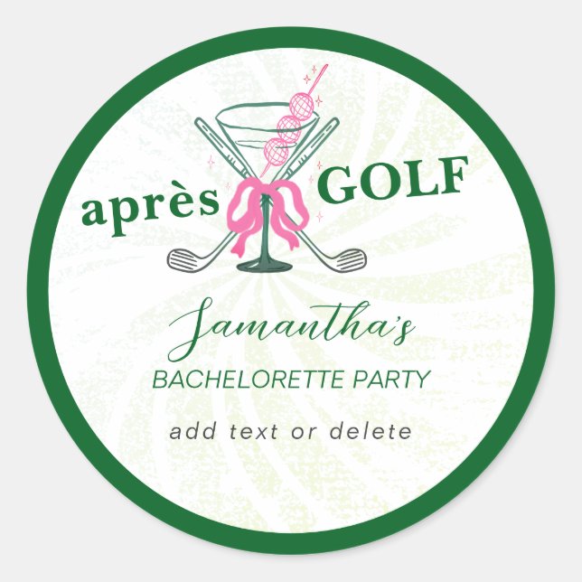 Aprés Golf Martini Coquette Schleifchen Junggesell Runder Aufkleber (Vorderseite)