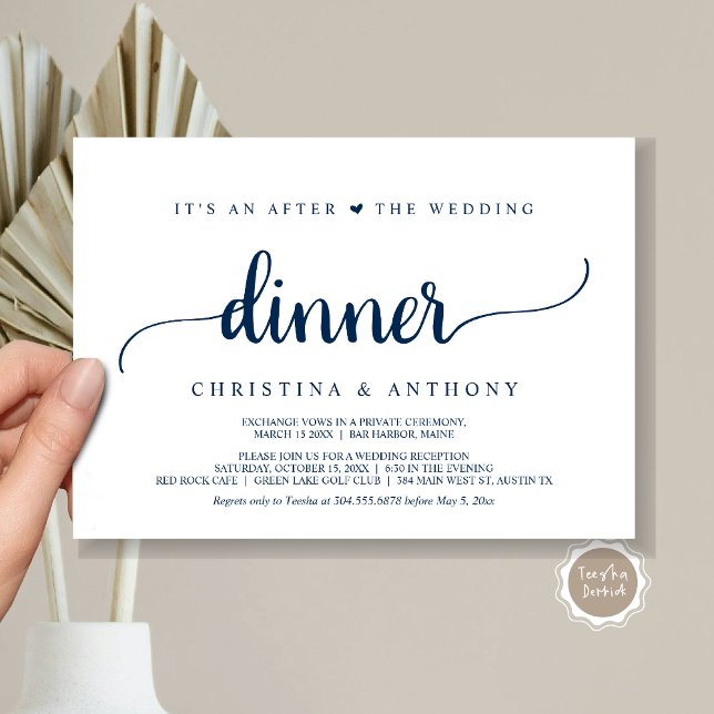 Après le dîner de mariage, invitation de fugue rus (It's An After The Wedding Dinner, Elopement Invitation Card, Modern Rustic Script in Navy Blue.)