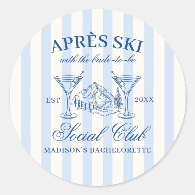 Apres Ski Blue Streifen Bachelorette Runder Aufkleber (Vorderseite)