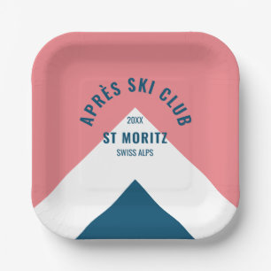Après Ski Club Pink Navy Retro Ski Party Square Pappteller