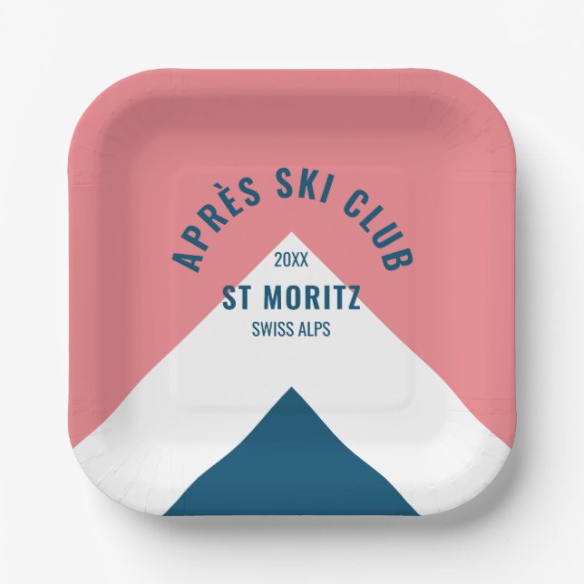 Après Ski Club Pink Navy Retro Ski Party Square Pappteller (Vorderseite)