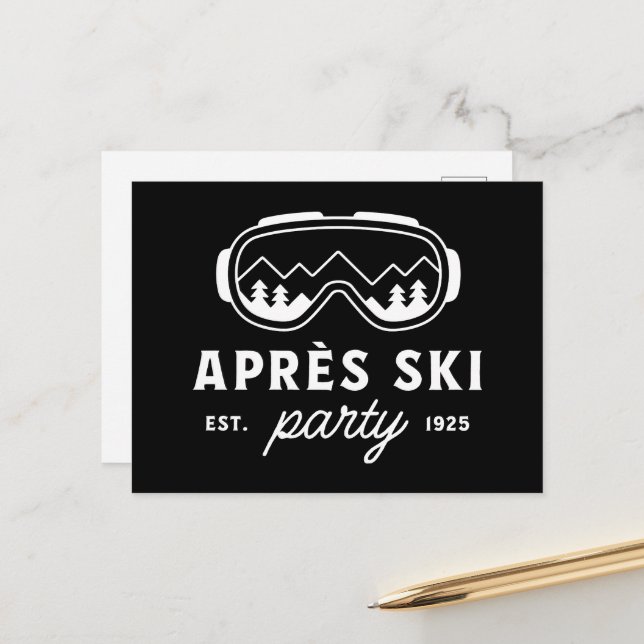 Apres ski party mountain cabin winter holiday postkarte (Vorderseite/Rückseite Beispiel)