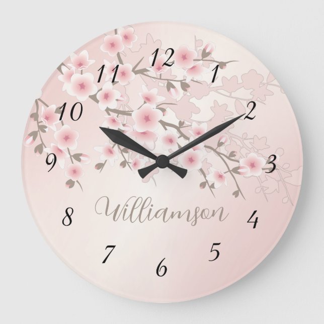 Apricot Cherry Blossom Monogramm Große Wanduhr (Vorderseite)