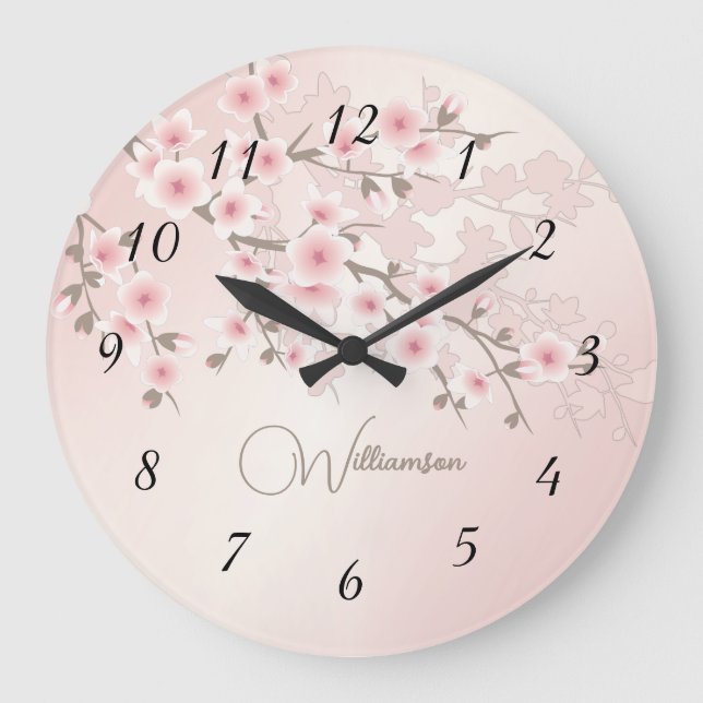Apricot Cherry Blossom Monogramm Große Wanduhr (Vorderseite)