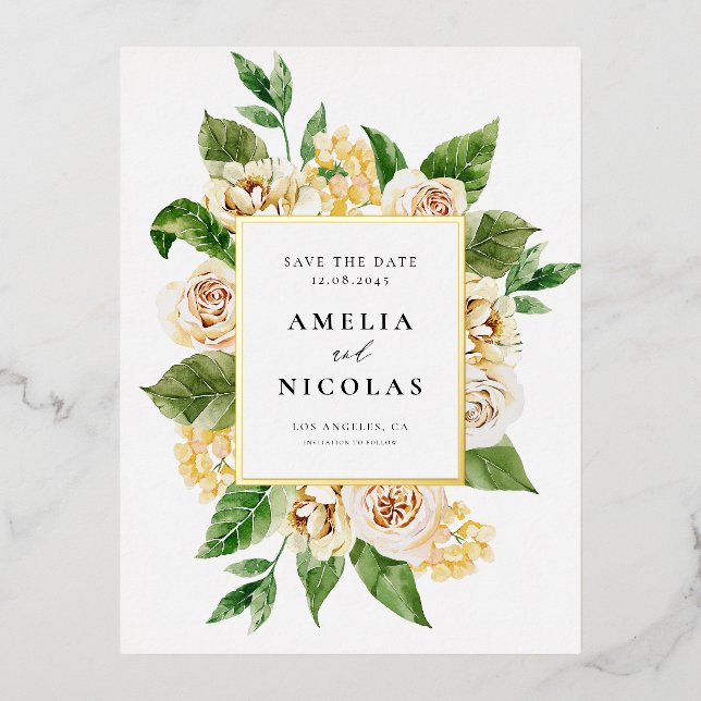 Apricot English Rose Blumenrahmen Save the Date Folie Einladungspostkarte (Vorderseite)