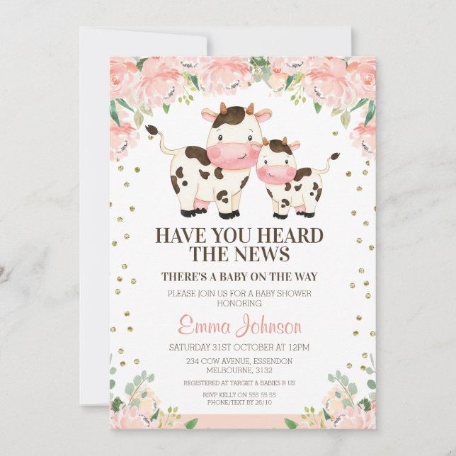 Apricot Floral Heard News Cow Baby Dusche Einladung (Vorderseite)