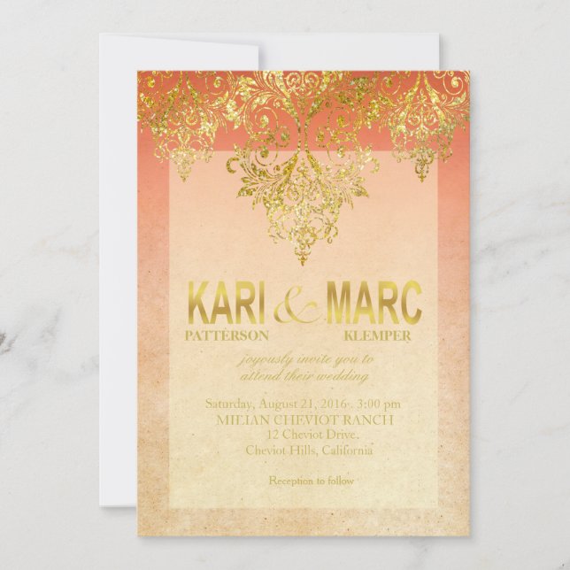 Apricot & Gold Gatsby Glitzer Blüh Hochzeit Einladung (Vorderseite)