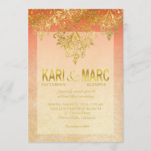 Apricot & Gold Gatsby Glitzer Blüh Hochzeit Einladung