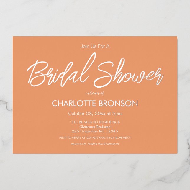 Apricot Minimalistisch Script Brautparty Rose Gold Folieneinladung (Vorderseite)
