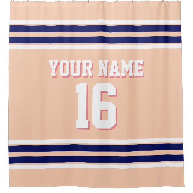 Apricot mit Navy White Stripes Sports Jersey Duschvorhang (Vorderseite)