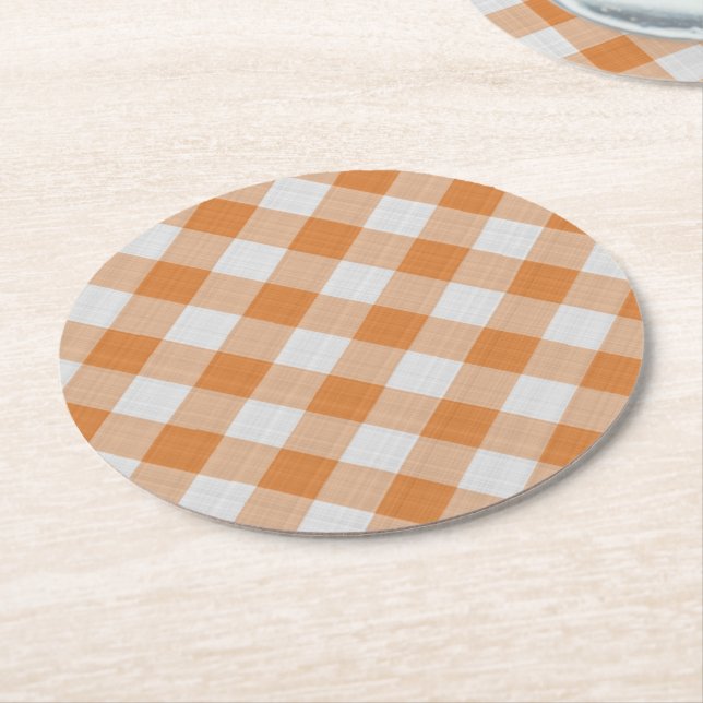 Apricot Orange Country Hütte Gingham Streifen Runder Pappuntersetzer (Angewinkelt)