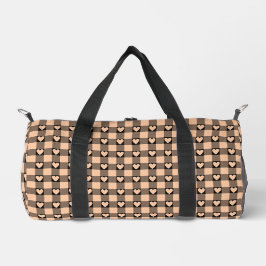 Apricot Peach Black Buffalo Heart Plaid Duffle Bag