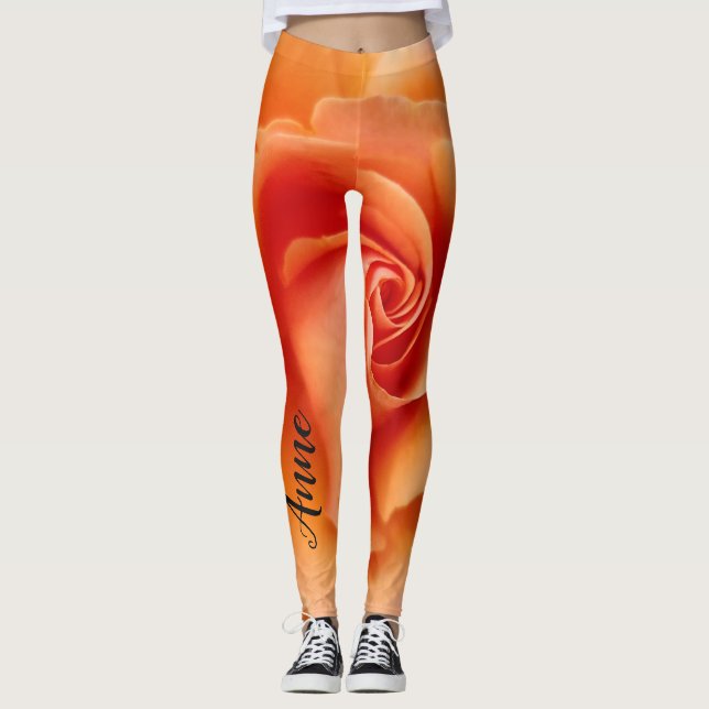 Apricot Peach Rose Blume Nah Up Foto Leggings (Vorderseite)