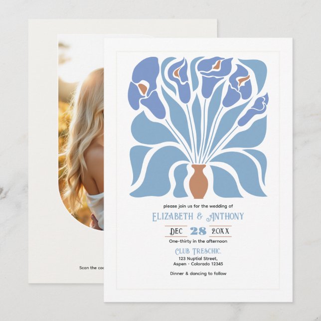 Apricot & Sky Blue Abstract Floral Boho Wedding Einladung (Vorne/Hinten)